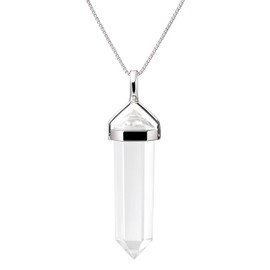 Franki Baker Natural Rock Crystal Gemstone & Sterling Silver Double Point Pendant Necklace. Pendant Length: 4cm. Chain Length: 50cm