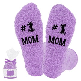 #1 Mom Coral Fleece Slipper Socks with Cupcake Gift Box Mom, Grandma, Niece, Aunt, Sister, Daughter Gifts(Purple)