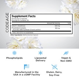 Codeage Codeage Liposomal Glutathione Supplement - Pure Reduced Setria L-Glutathione, Liposomal Delivery, Phospholipid Complex - Encapsulated Glutathione Powder Pills - Vegan, Non-GMO - 60 Capsules
