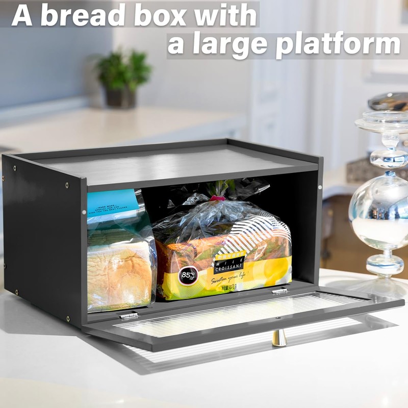 ETMI Bamboo Bread Box for Kitchen Countertop-Large breadbox Wooden Black