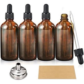 4 Pack, 100ml Dark  Dropper Bottles with 1 Funnels & 4 Labels - 3.4oz Brown Glass Tincture Bottles with Eye Droppers for Essential Oils, Liquids - Leakproof Travel Bottles - Color: Blank Dropper