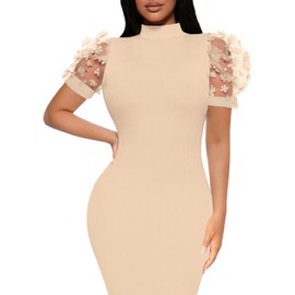 Annystore Dresses for Women 2025 Elegant Classy Summer Sheer Short Sleeve Graduation Wedding Guest Knit Ribbed Bodycon Dress Formal Chunch Dress Khaki XL