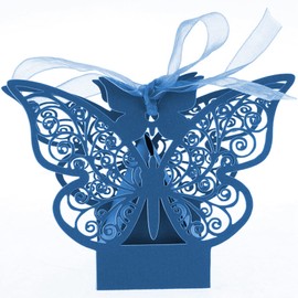 50x Navy Blue Butterfly Laser Cut Favor Boxes Cookie Present Boxes with Ribbons Cute Chocolate Box for Wedding Girl Bridal Birthday Party Baby Shower Favors Decoration
