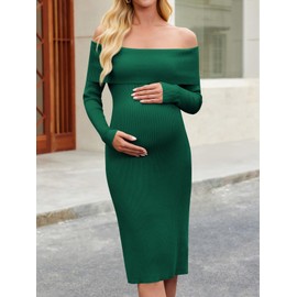 Yousify Womens Maternity Sweater Dresses Off Shoulder Long Sleeve Knit Bodycon Midi Dresses for Baby Shower Photoshoot Dark Green