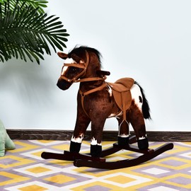 Qaba Kids Metal Plush Ride-On Rocking Horse Chair Toy with Realistic Sounds - Dark Brown/White