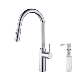 KIBI Hilo Single Handle Pull Down Faucet for Kitchen Sink | Solid Brass High Arc Faucet Spout | 360° Swivel Faucet with Pull Down Sprayer (Chrome) (KKF2008) (Soap Dispenser Included)