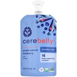Cerebelly Organic Baby Food Pouches, Purple Carrot Blueberry Dairy-Free Smoothies, 16 Nutrients, No Added Sugar, Fiber & Non-GMO, 4oz, 1 Count