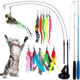 15 Pieza Juguetes para Gatos, Pajaro Juguete Gato, Incluir 2 Varas Teaser de Gato,10 Plumas Cabezas de Reemplazo, 1Juguete para Gatos con Ventosa, 1 Simulación de Pájaro Verde