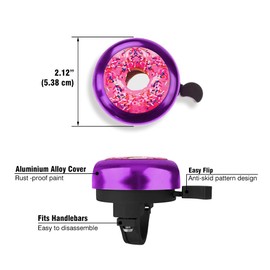 WIRESTER Purple Aluminum Round Bike Bell, Classic Ring Bicycle Bell, Bike Accessories Bell Ring for Adults Kids Girls Boys - Pink Donut
