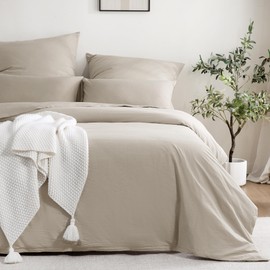 ATsense Bed Linen 135 x 200 cm Cotton 2-Piece Bedding Sets Beige Oeko-Tex Certified with Linen-Like Handle, Breathable, 1 Duvet Cover and 1 Pillowcase 80 x 80 cm