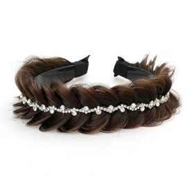 STHEJFB Wide Fishtail Braid Braided Headband Crystal Deco Style Messy Braided Headband Hoop Elastic Non-slip Band for Women and Girl Fashion Hair Accessories（brownish black）