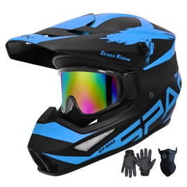 Motocross Helmet,Youth & Adult ATV Dirt Bike Motorcycle Helmet, Kids BMX 4-Wheeler Off-Road Mountain Bike Helmet,DOT Certified,W/Gloves Goggles Mask 4-Piece Set (X Blue, Small)