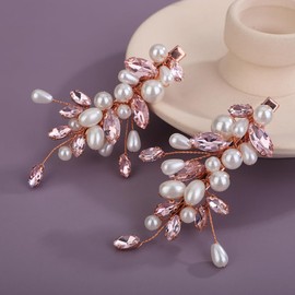Teyglen 2Pcs Pearl Wedding Hair Clips Pink Crystal Hair Barrette Rhinestone Pearl Bridal Hair Clips Pins Decorative Hair Jewelry Accessories for Women (Pink)