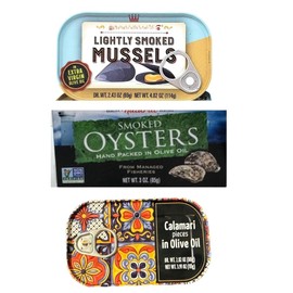 Seafood Bundle Calamari in Oil, Smoked Oysters and Lightly Smoked Mussels Ready to Eat