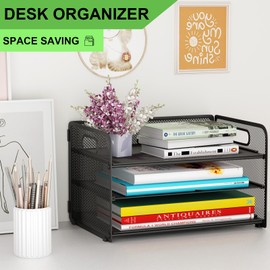 GDINDINFAN 3 Tier Paper Letter Tray Organizer for Desk, Mesh File Folder Document Organizer with Handle for Home Office Supplies Desktop Accessories, Black
