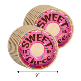 Sweet to Be Three Donut 3rd Birthday Party Supplies - 64 Piece Girls Third Birthday Tableware Set Includes Large 9" Dinner Plates and 7" Dessert Paper Plates Napkins Cups - Kit for 16