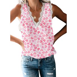 VIISHOW Women's V Neck Lace Trim Tank Tops Casual Loose Sleeveless Blouse Shirts Blouse, Pink Heart, Medium