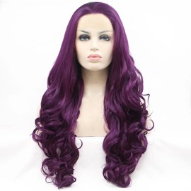 xiweiya Dark Purple Wigs Long Wavy Wig Purple Color Hair Synthetic 13 * 3 Lace HD Lace Wig Heat Resistant Fiber Middle Parting for Women Cosplay Makeup Party 24 Inches