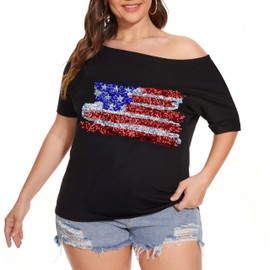 July 4th Womens Patriotic Shirt Off The Shoulder Tops Memorial Day American Flag Tops, Black+ Sequin American Flag, X-Large