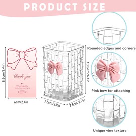 FCKLVMC Cute Clear Pen Holder with Bow Desk Decoration, 10.5x7.5x7.5 cm Acrylic Pencil Holder Wall Organizer with Pink Bow Thank You Card