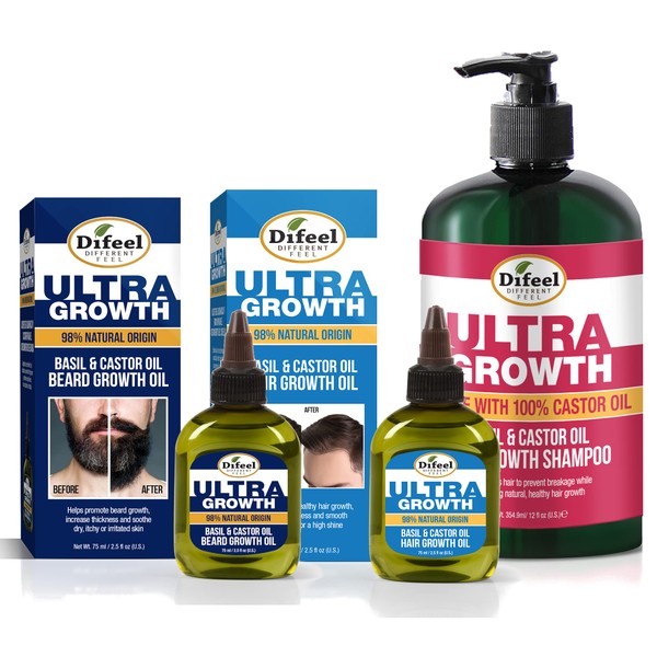 Difeel Mens Ultra Growth Hair and Beard Care Set - 3 Piece Shampoo, Hair Oil and Beard Oil Set