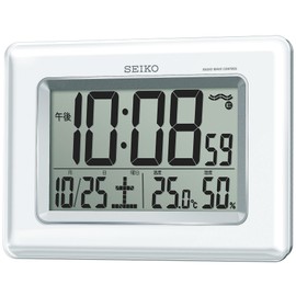 Seiko SQ424W Clock, Wall Clock, Multipurpose, Radio Control, Digital Calendar, Temperature and Humidity Display, White Pearl