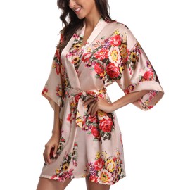 Laurel Snow Women's Floral Satin Robes Bride Bridesmaid Getting Ready Robe Short Kimono Sleepwear for Wedding Bridal Party