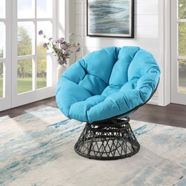 OSP Home Furnishings Wicker Papasan Chair with 360-Degree Swivel, Large, Grey Frame with Blue Cushion