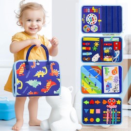 EVERGD Busy Board Montessori Toy for Toddlers, 3-Layer Dinosaur Educational Learning Activity Sensory Board, Developing Sensory Toy for Fine Motor Skills, Travel Toy for Plane Car