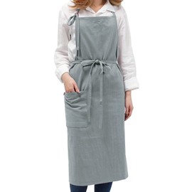 Anyasun Linen Apron, Bib Apron, Caf Style, Simple, Stylish, Natural, Scandinavian, Solid Color, Hides Bum, With Pockets, Unisex, 09 grey