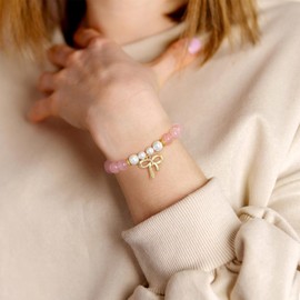 GolbalJew Healing Bracelet For Women Anxiety Beaded Bow Bracelets Jewelry Healing Stone Rose Quartz Crystal Bracelet Stress Relief Yoga Pink Beads Bracelets Gifts For Women pink