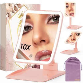 Horyliin Travel Makeup Mirror with Lights and Magnification 10X, Upgraded Triple-Fold Portable Magnifying Mirror, Adjustable Height/Angle Desk Mirrors with 3-Color Dimmable LED Vanity Mirror, Pink