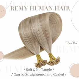 LaaVoo Real Hair Bonded Extensions, U-Tip Extensions, 1 g, Blonde, Hot Fusion, Keratin Extensions, Ash Blonde and Bleached Blonde, 1 g/Strand, 50 g, 50 cm, #18/613