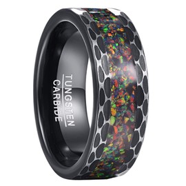 GALANI 8mm Opal Rings Black Tungsten Carbide Rings Engagement Band Ring Wedding Ring/Engagement Ring/Friendship Ring/Lifestyle Ring Hammered Edge Fashion Jewelry Ring Size Y