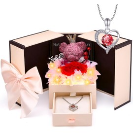 Nasjac Flor Rosa Eterna,Collar y Pendientes,Oso LED,Regalo Ideal para Mujer