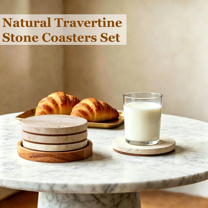 4" Round Natural Travertine Marble Coasters with Cork Backing,Stone Drink