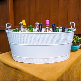 BREKX Galvanized White Beverage Tub + Insulated Cocktail Mat - 6-Gallon Beverage Tub & Wine Bucket for Parties & Events