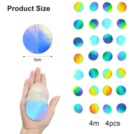 52Ft Iridescent Circle Dot Streamer Garland Decoration,Rainbow Twinkle Paper Banner Backdrop for Party Decoration Iridescent Round Garland, for Birthdays, Carnival, Anniversaries, Weddings Decoration