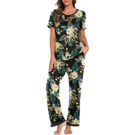PrinStory 2024 Womens Pajama Set Short Sleeve Sleepwear Ladies Soft Pjs Lounge Set with Pockets FP-Green Leaf Lily-L