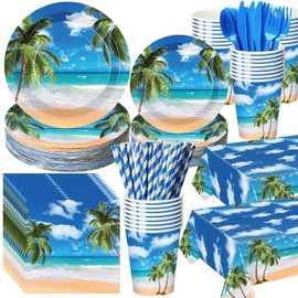 Funnymoom 219 Pcs Beach Party Decorations Blue Summer Tropical Plate Napkin Cup Tablecloth Cutlery Straw Disposable Hawaii Ocean Tableware Set for Summer Birthday Baby Shower Party Supplies Serves 24