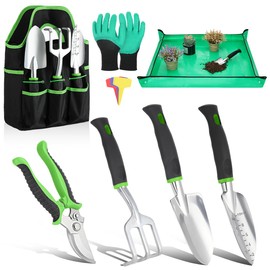 Housolution Garden Tools Set, 8 PCS Gardening Hand Tools Kit Heavy Duty Aluminum Alloy Gardening Supplies with Wooden Handle Storage Tote Bag, Gardening Tool Set Gifts for Women and Men, Green
