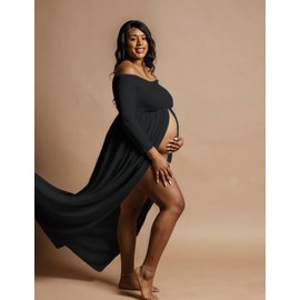 JustVH Maternity Off Shoulder Long Sleeves Chiffon Gown Front Split Maxi Photo Shoot Photography Dress for Baby Shower