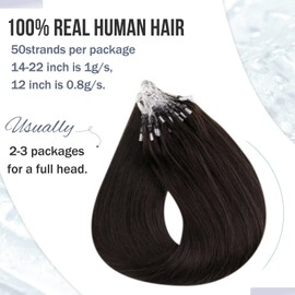 Hetto Micro Ring Extensions, Real Hair Brown Micro Ring Extensions, Remy Real Hair Natural Micro Ring Real Hair Extensions,Darkest Brown #2 50 g 40 cm