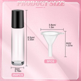 Sumind 250 Pcs Essential Oil Roller Bottles 10 ml Empty Glass Roller Bottles with Stainless Steel Roller Balls Leakproof Roll on Bottles with 5 Funnel for Travel Perfume Essential Oil(Clear)