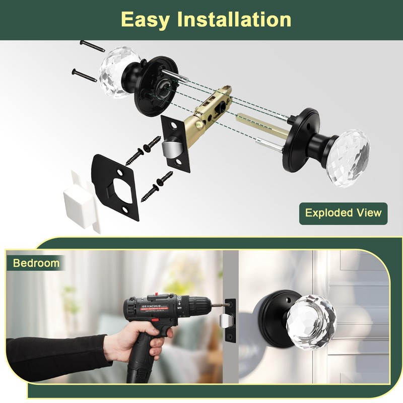 Lepushom 6 Pack Crystal Door Knobs Interior, Elegant Matte Black