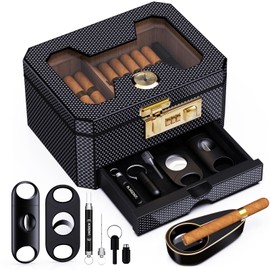 Cigar Humidor with Combination Lock, Cedar Wood Desktop Humidor Cigar Box with Humidifier & Hygrometer, Accessories Drawer - 2 Cigar Cutters, Punch, Ashtray, Glass Top Storage Cigar Case Gifts for Men