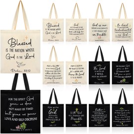Locmeo 12 Pcs Christian Gift Bags, Scripture Tote Bags Bible Tote Bag for Women Aesthetic Cute Church Bag Verse Religious Gift Bags Reusable Grocery Bags for Makeup Shopping Party, 15.4 x 14.6 Inch