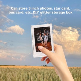 ASHATA Photo Storage Box for 3 Inch Picture Holder Case, Instant Camera Photo PC, Portable Photo Holder Case with Hand Rope for Picture Cards (Transparent Glitter)