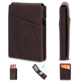 Wallet for Men - Genuine Leather RFID Blocking Wallet, Mens Minimalist Wallet, Slim Compact Wallet with ID Window, Smart Pop Up Card Wallet, Metal Aluminum Credit Card Holder Bifold Wallet (Brown)