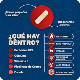 Berberina 60 Cápsulas | Suplemento Alimenticio con Vitamina E, Cúrcuma, Canela y Picolinato de Cromo | Sin Gluten Vegano Keto Friendly | Apoyo Cardiov